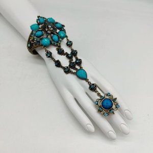 Ring Slave Bracelet Combo Hand Chain Silver Turquoise Adjustable Spring Cuff